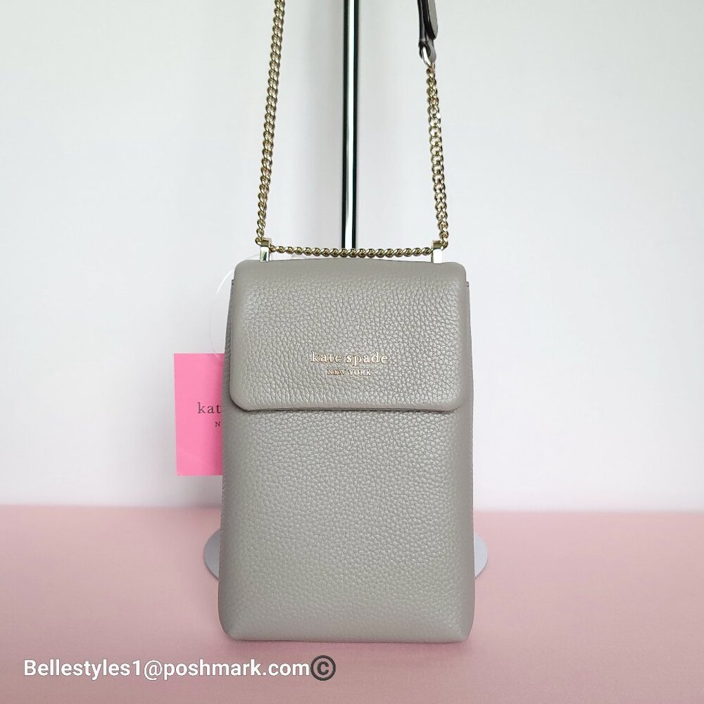 KATE SPADE Bradley North/South Pebbled Leather Phone Crossbody-True Taupe πβ - Picture 8 of 16